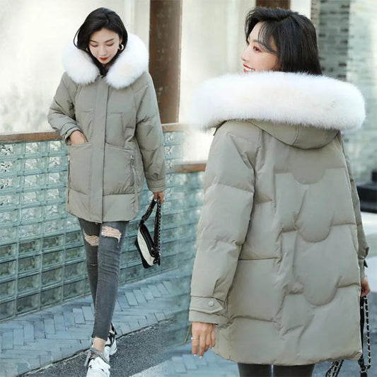 Women's Solid Color Down Jacket Mid-length Korean Loose Thick Coat Warm Cotton Coat Big Fur Collar Winter Clothes Quilted Coat