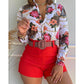 Women's Light Cooking Digital Printing Stand Collar Long Sleeve Shirt Ladies Shorts Set