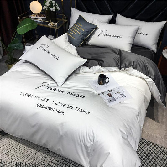 Embroidered Solid Color Bed Sheets and Pillowcases Simple Bedding Loka Cotton Bed Four-piece Set