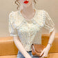 Floral Bubble Short-sleeved Top Design Sense Niche French Sweet Doll Collar Top Women