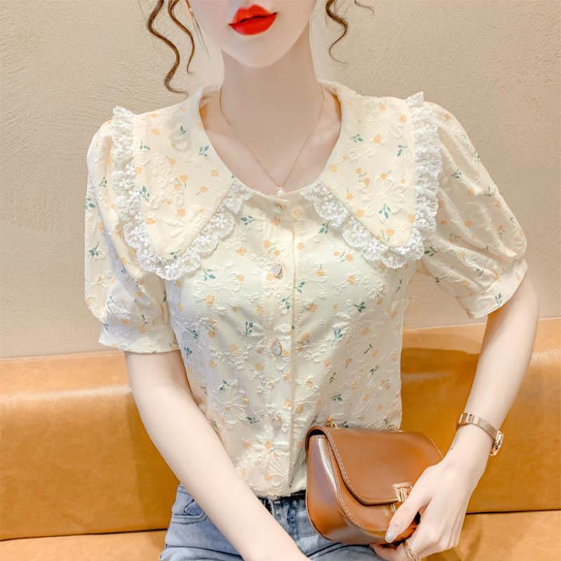 Floral Bubble Short-sleeved Top Design Sense Niche French Sweet Doll Collar Top Women