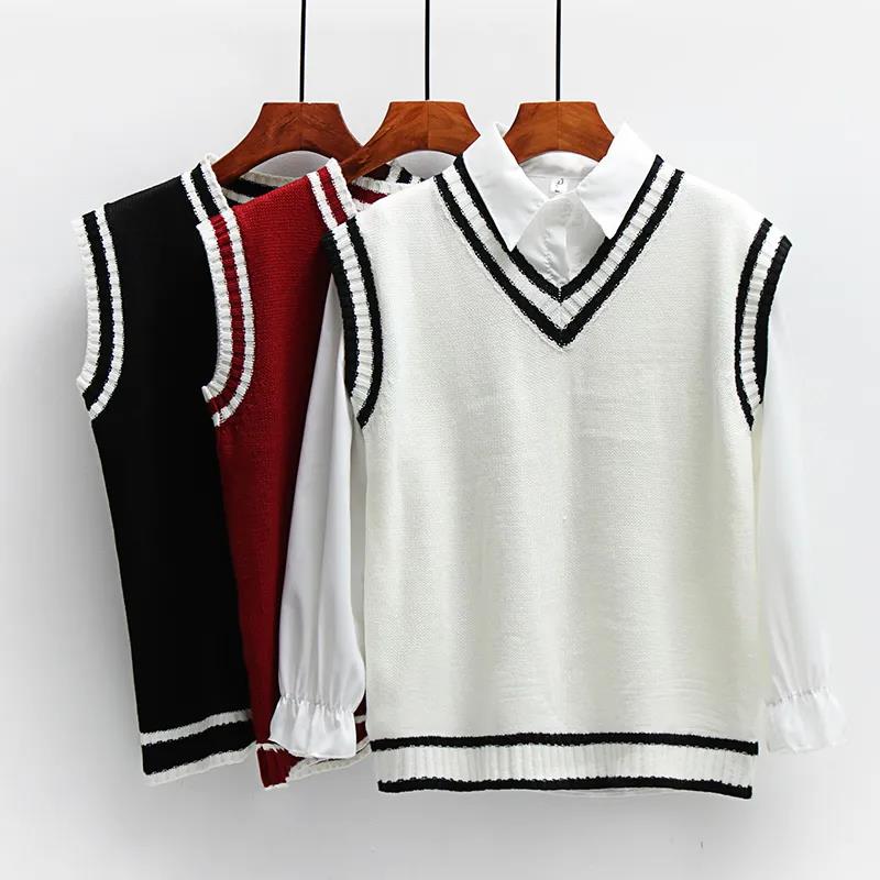 British Style College Style Sweater Vest Women Loose Wild Striped V-neck Sweater Vest Women's Jacket Thin Sleeveless Sweater