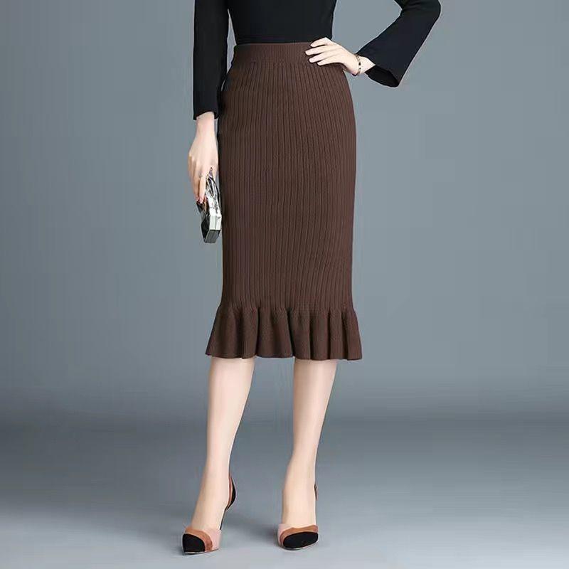 Women's Knitted Mermaid Skirt Fall Winter High Waist Elastic Knitted Bodycon Skirt Ladies Pencil Skirt