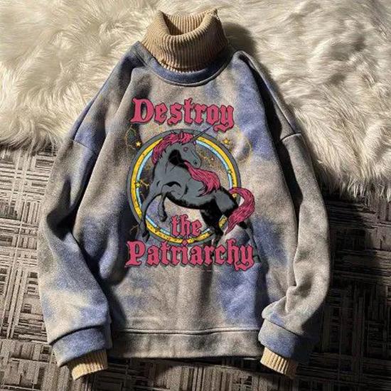 European Style Autumn and Winter Tie-dye Plus Velvet Thick Sweoater Ladies High Neck Stitching Fake Two-piece Tops Street Loose Lovers Pullver