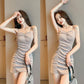 Women's Summer Tight Pleats Show Thin and Sexy Dress with Short Buttocks and Solid Color Suspender
