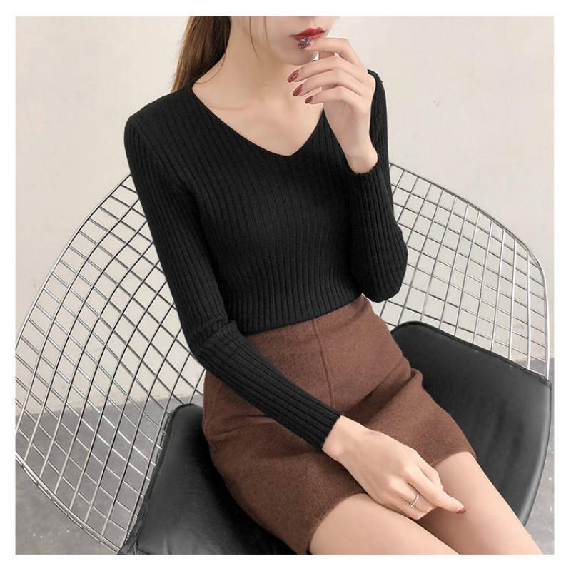 Autumn Winter V-neck Bottoming Shirt Sweater Women's Slim Was Thin Wild Pullover Sweater