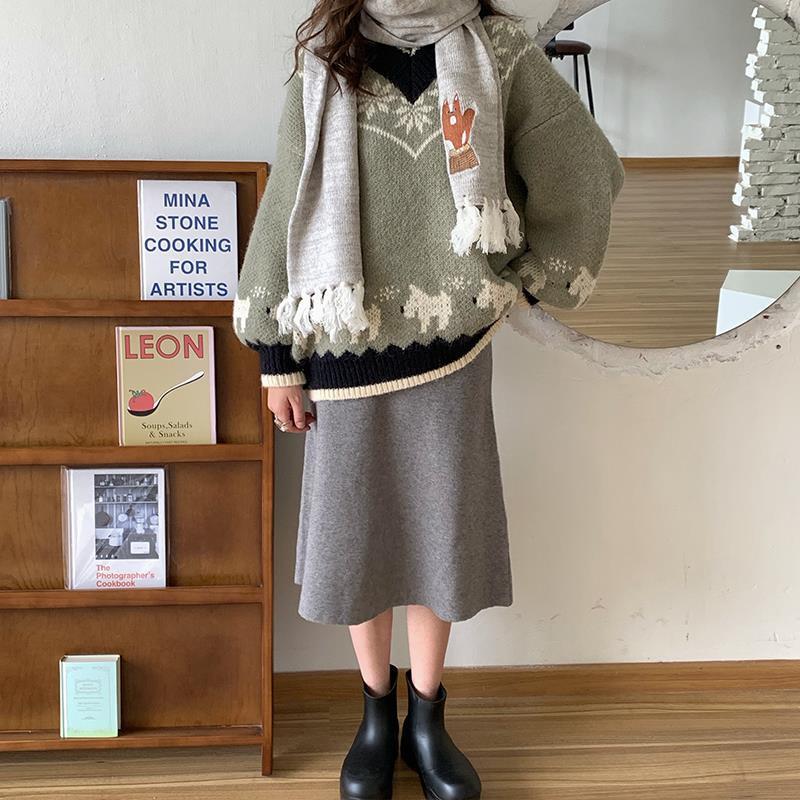 Autumn Winter  Women Fashion Sweater Casual Knitting Sweater Jacquard V-neck Pullovers Loose Casual Long Sleeve Sweater