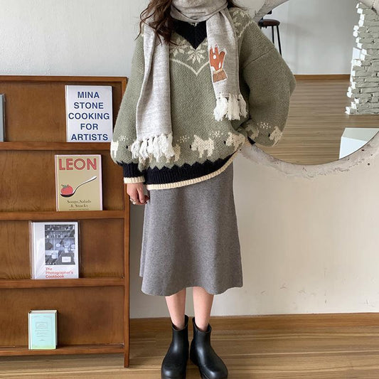 Autumn Winter  Women Fashion Sweater Casual Knitting Sweater Jacquard V-neck Pullovers Loose Casual Long Sleeve Sweater