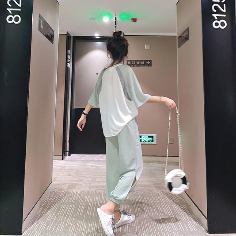Cute Casual Sportswear Suit Female Summer Two-piece Suit Loose Cool Round Neck Short-sleeved T-shirt + Loose Sports Pants Fabric Light and Breathable