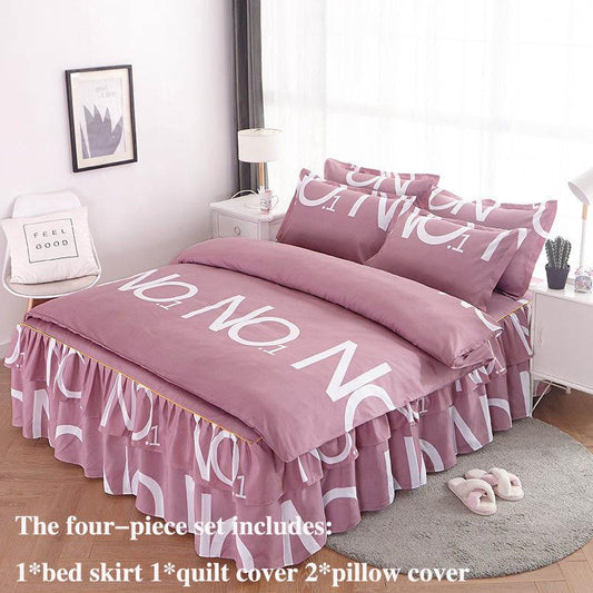 Four-piece Bed Skirt Korean Four-piece Bedding Skin-friendly Sanding Bed Linen Quilt Cover Bilateral Bed Skirt