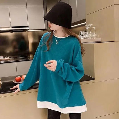Fake Two-piece Round Collar Tops Women's Autumn Loose Long Sleeve Coats Large Size Versatile Pullover