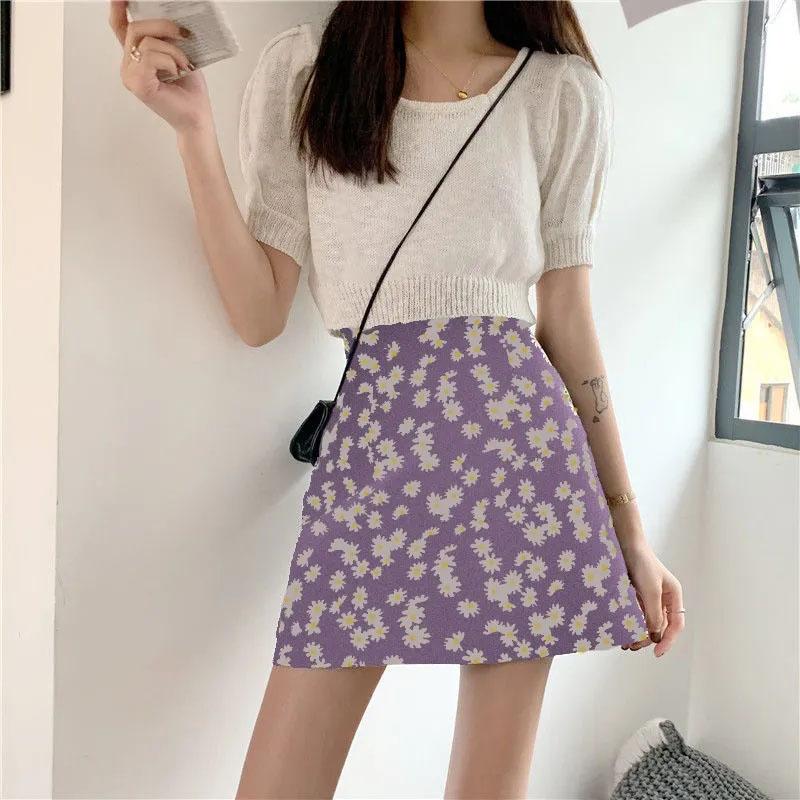 Wrinkled Chrysanthemum Chiffon Skirt Summer Women's Flower Printed Short Skirt A-line High Waist Retro Bag Hip Skirt Thin All Match Casual Mini Skirt