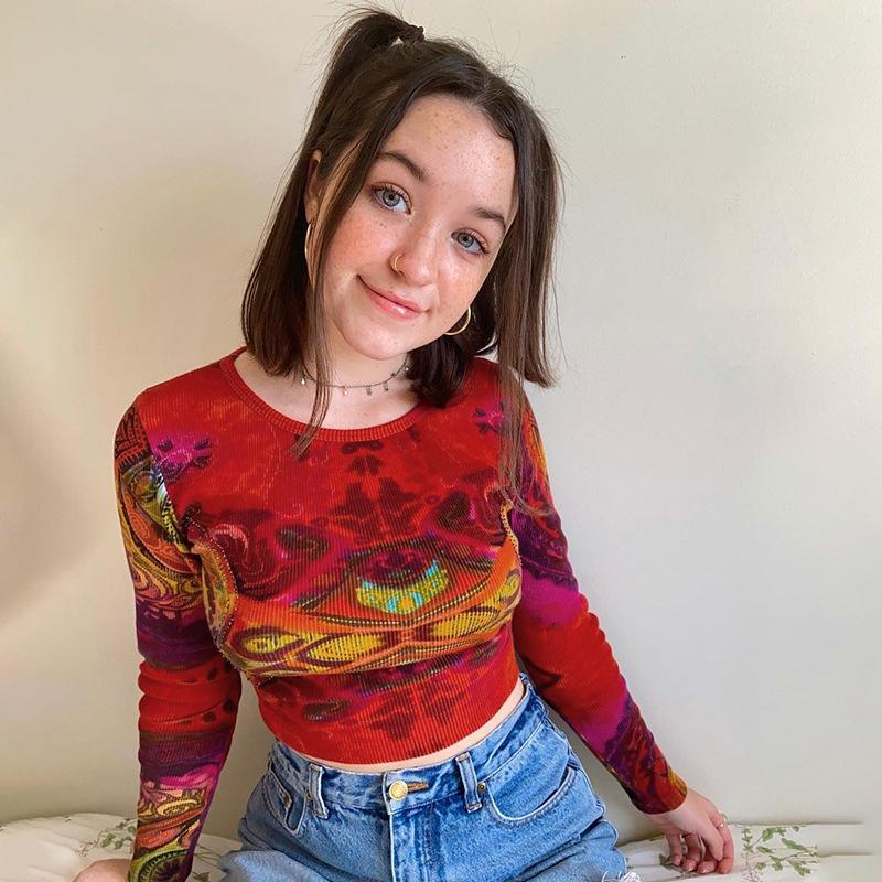 Y2K Long Sleeve T-shirt Women Vintage Knitted Crop Top Woman Tie Dye Print T Shirt Female Casual Clothes