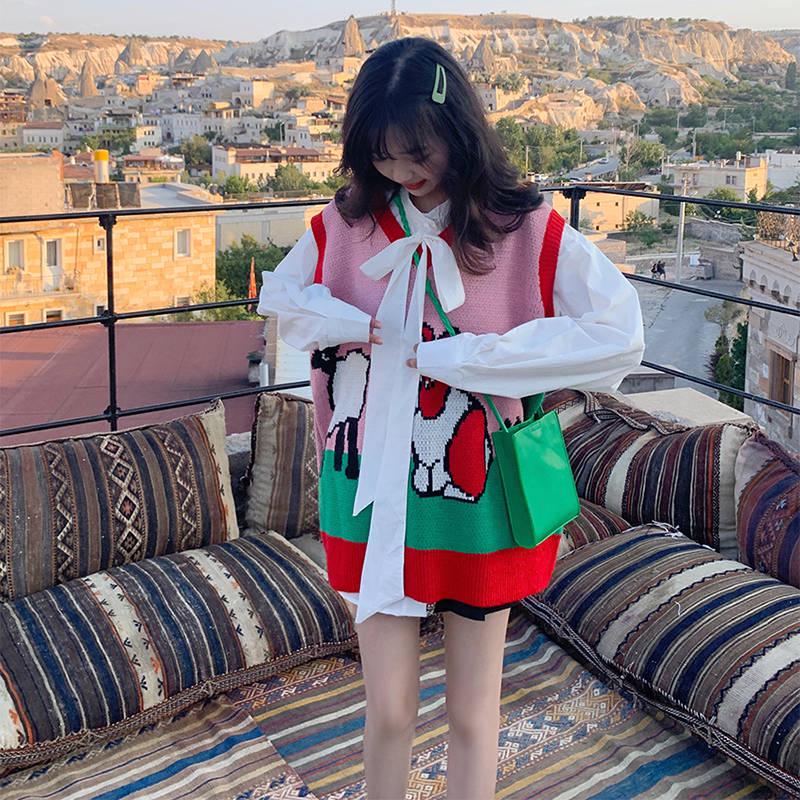 Pofulove Autumn Winter Sweater Sleeveless Pullover Sweater Vest Coat Loose V-neck Vest Women