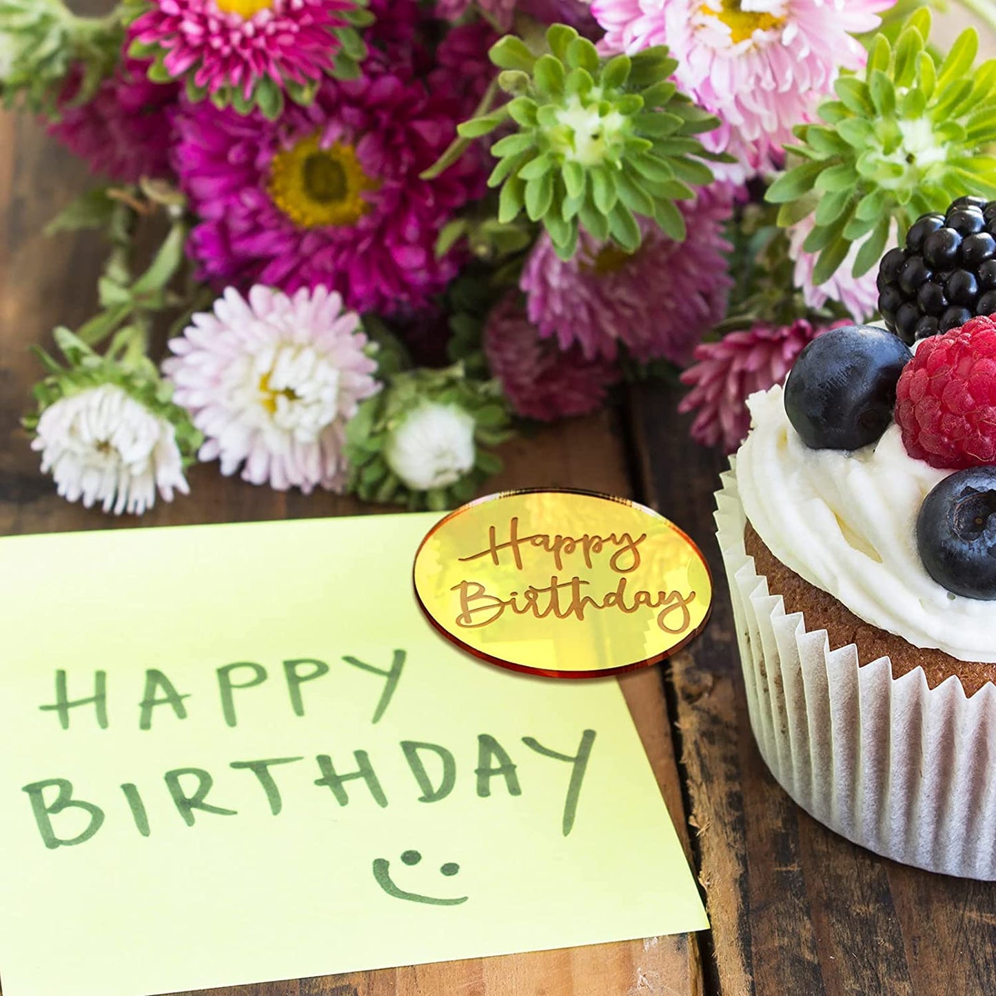 20 Pieces Acrylic Cake Disc Acrylic Cupcake Toppers Mirror Acrylic Cake Toppers Round Birthday Engraved Topper Charms for DIY Cupcake Decoration