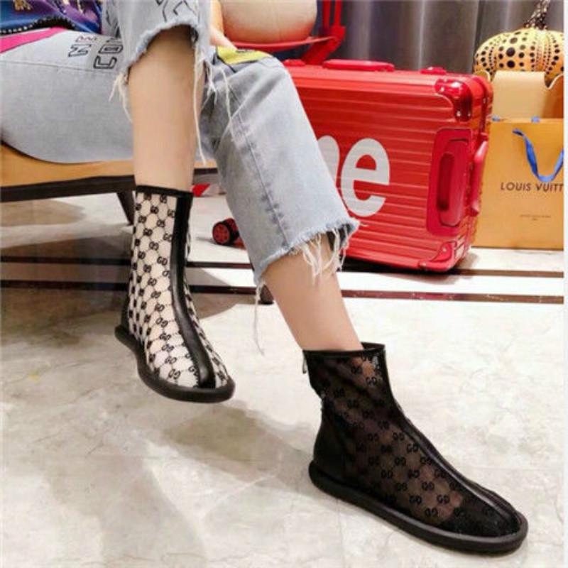Eugen Gauze Letter Printed Sandals Martin Boots Motorcycle Boots Flat Shoes Breathable Women's Shoes