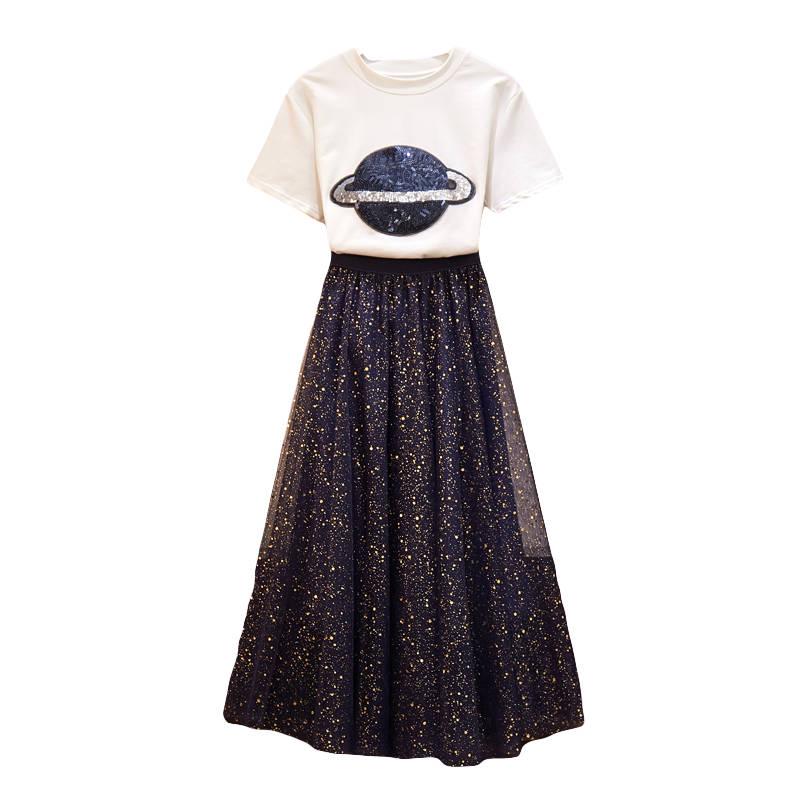 Plus Size Skirt Set Summer Sequin T-shirt Mesh Gown Sparkling Long Skirt Two-piece Suit