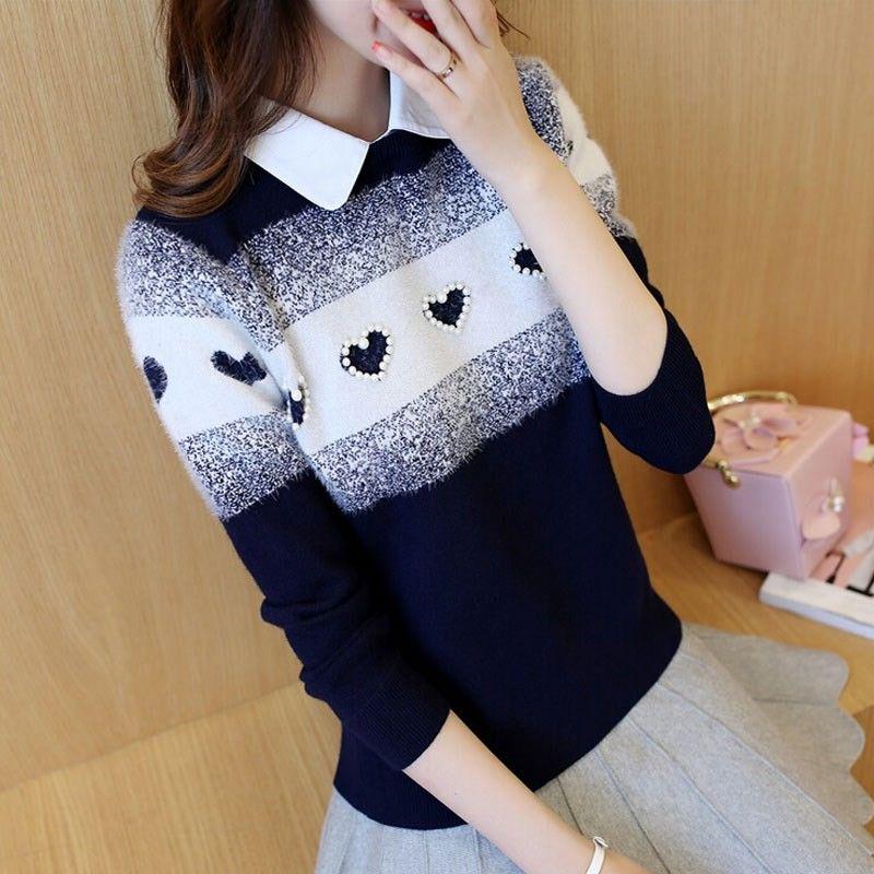 Autumn Winter Korean  Short Pullover Sweater Lapel Loose Sweater Coat Sweet Beaded Fake Two pieces Sweaters for Students Office Ladies