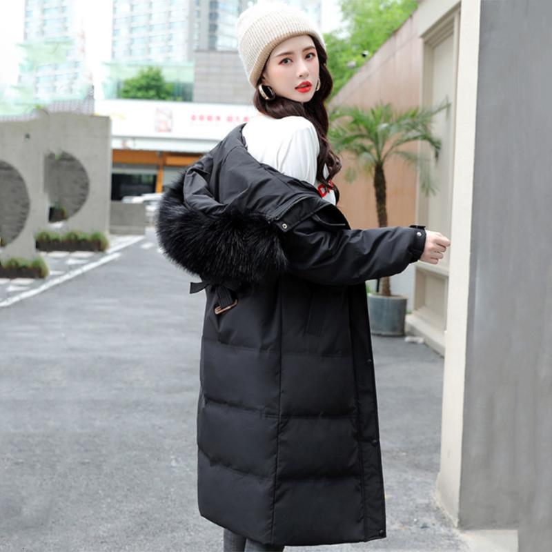 Women's Solid Color Hooded Down Jacket  Long Korean Loose Thick Coat Warm Cotton Coat  Large Wool Collar Winter Quilted Coat