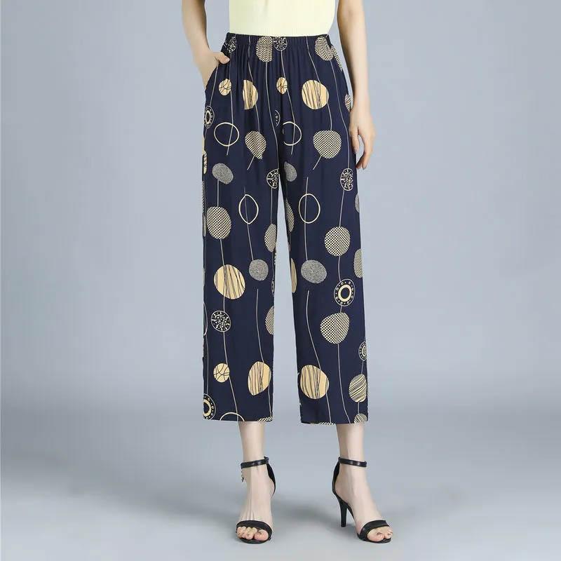 Women's Pants Summer Thin Cotton Silk Nine-point Pants Elastic Waist Casual Straight Eight-point Pants Comfortable Loose Breathable Trousers