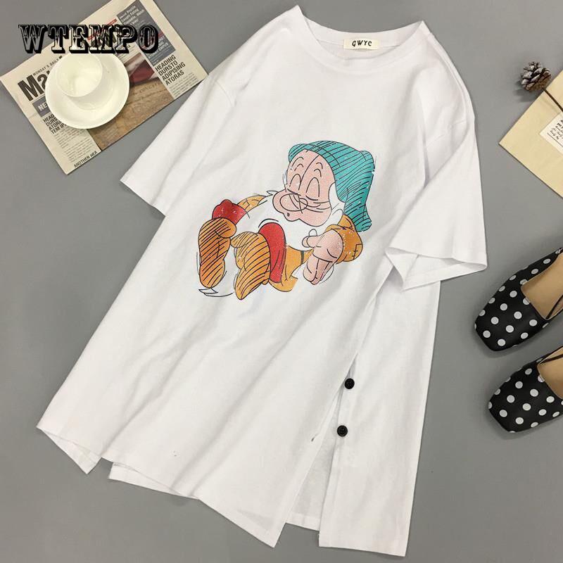WTEMPO Plus size Print Long T shirts Summer Women Loose Slit Femme Tshirt Short sleeve Ladies t-shir