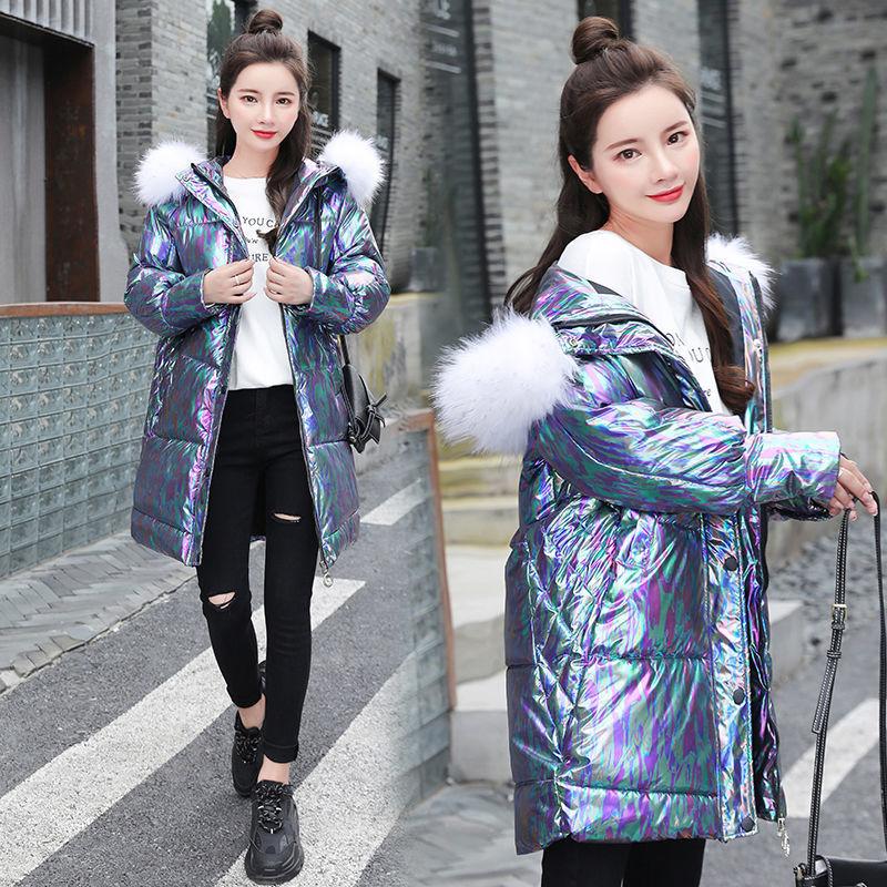 Bright Color Bright Cotton Coat Women 2 Color-changing Cotton Coat Thick Stand-up Collar Mid-length Coat