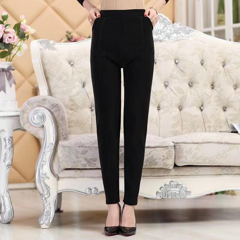 Mother Pants Autumn and Winter Plus Velvet Stretch Slimming Slimming Outer Wear Elastic Waist Leggings High Waist Middle-aged and Elderly Casual Pants