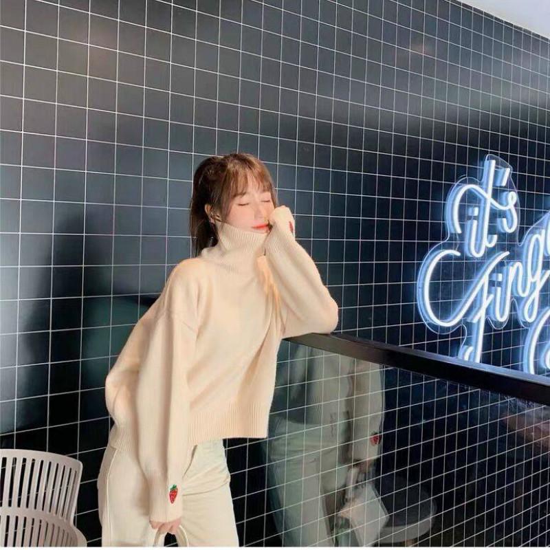 Strawberry Embroidery Turtleneck Sweater Women's Autumn and Winter Warm Loose Sweater