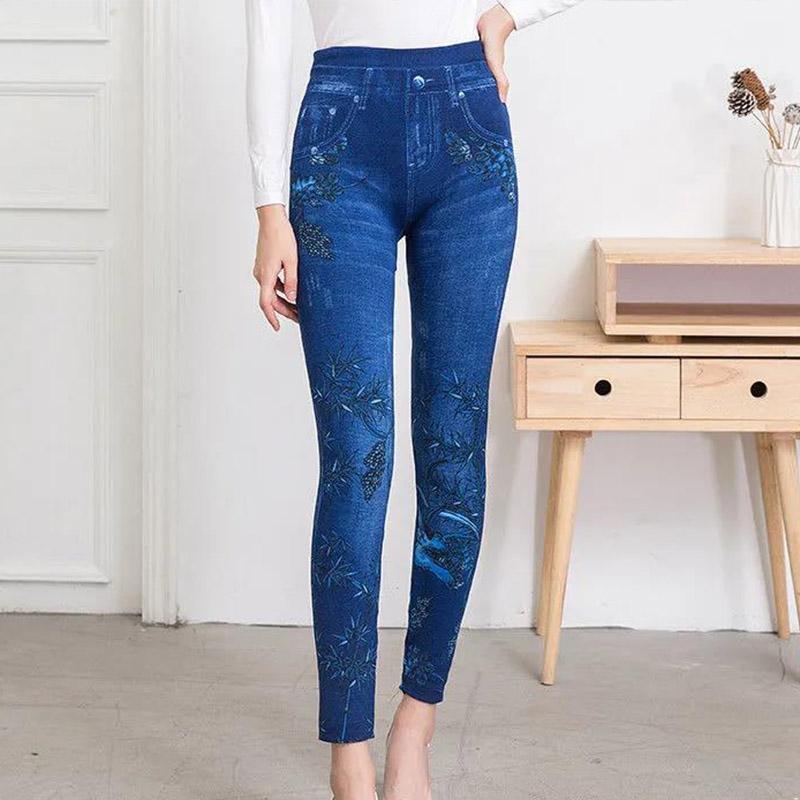 High Waist Stretch Denim Printed Leggings Women's Trousers and Velvet Feet Casual Pants and Velvet Thickening Fashionable and Versatile