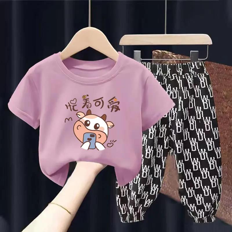 Summer Children's Short-sleeved Suit Boys' T-shirt Girls Middle and Small Children's Baby Cartoon Two-piece Suit