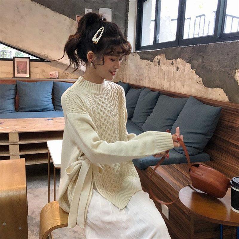 All-match Loose Autumn  Winter Twist Sweater Knit Sweater Casual Female Students Long-sleeved Design Sense Split