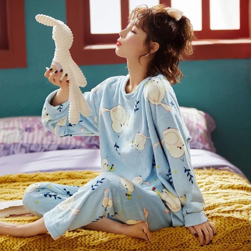 Women's Pajamas for Fall Winter Coral Fleece Sleepwear Set Flannel Warm Thick Home Wear Suit Cartoon Cute Loose Nightwear Long Sleeve Round Collar