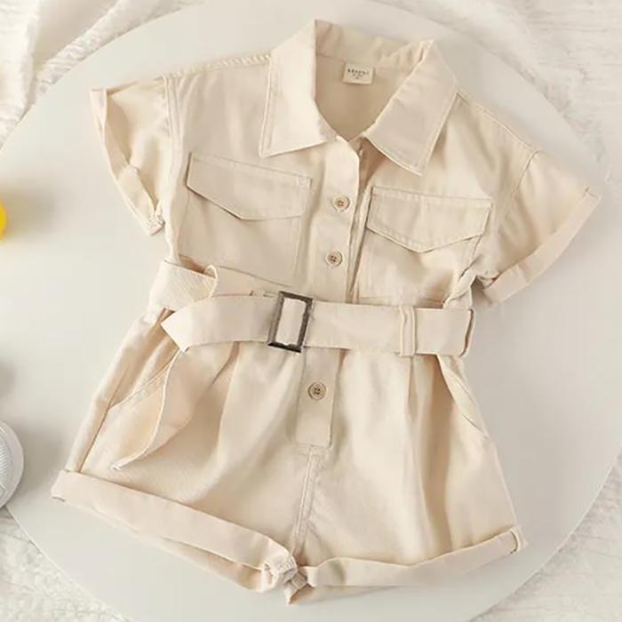Girls' Denim One-piece Suit Summer Children's Work Clothes One-piece Pants Single breasted Belt Button Korean Style Casual Set