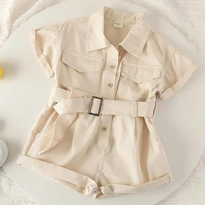 Girls' Denim One-piece Suit Summer Children's Work Clothes One-piece Pants Single breasted Belt Button Korean Style Casual Set