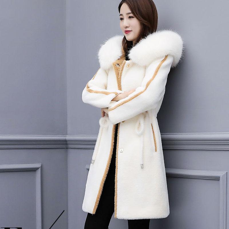 Winter Faux Woolen Coat Women's Long Thick Warm Hooded Coat Slim Plus Size Overcoat with Faux Mink Fur Collar