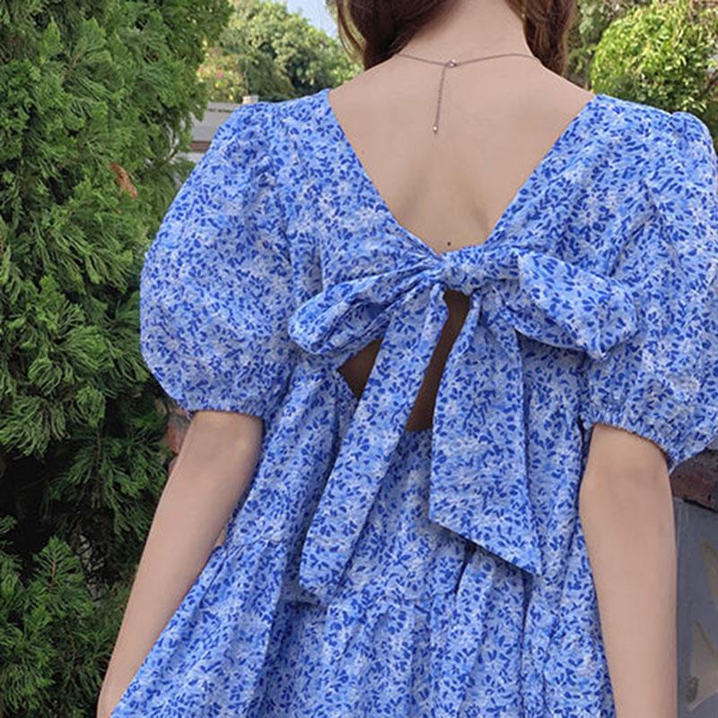 Women's Summer Dress Round Neck Floral Puff Sleeve Loose Skirt