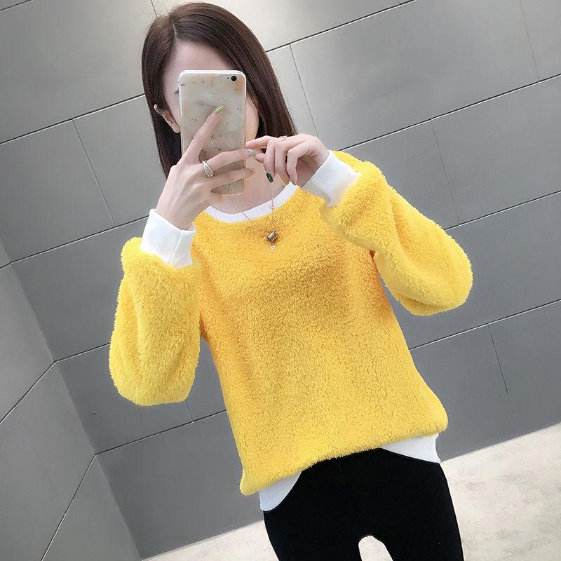 Pofulove Women's Winter Crew neck sweater long sleeve female  loose thick velvet Pullovers warm