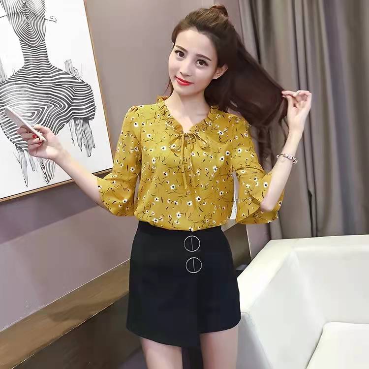 Women's Chiffon Shirt Spring V-neck Shirt Bell Sleeve Top Blouse Women Blusas Ropa De Mujer