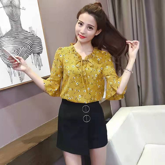 Women's Chiffon Shirt Spring V-neck Shirt Bell Sleeve Top Blouse Women Blusas Ropa De Mujer