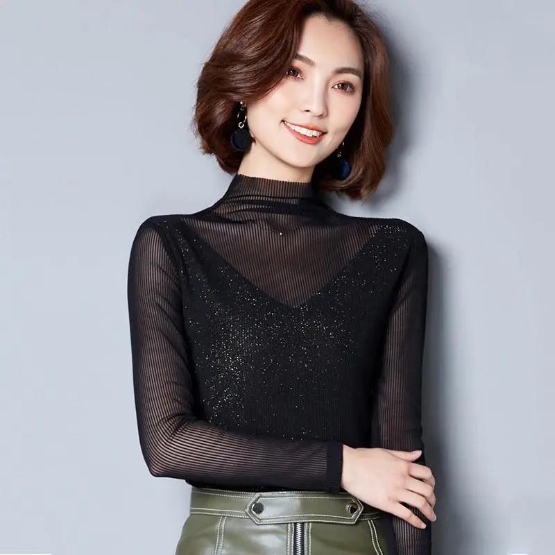 Women Long Sleeve T-Shirts Patchwork Design Lace Bright silk Decor See Through O-Neck Solid Top Elegant Lady Autumn Slim Pullover