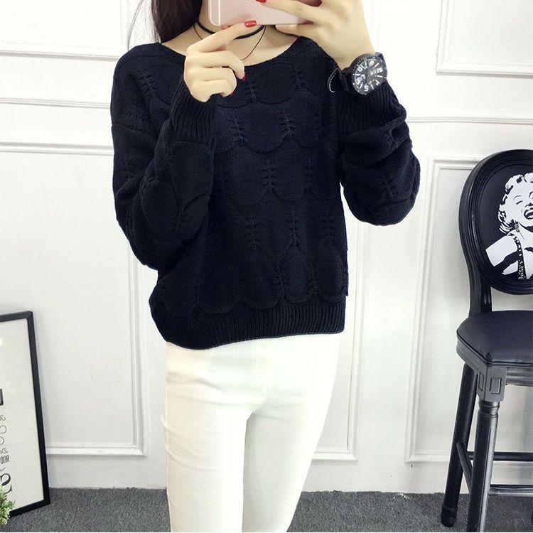 Short Loose Sweater Women Black White Long Lantern Sleeve Pullover O Neck Casual Sweet Cute Office Knit Crop Sweater