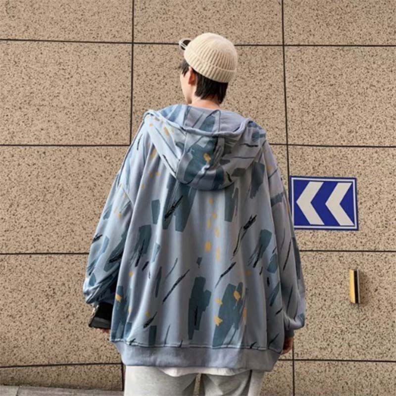 Tie-dye Cardigan Sweater Men's Spring and Autumn Sports Jacket Hooded Loose Jacket Casual All-match Tide Brand Jacket