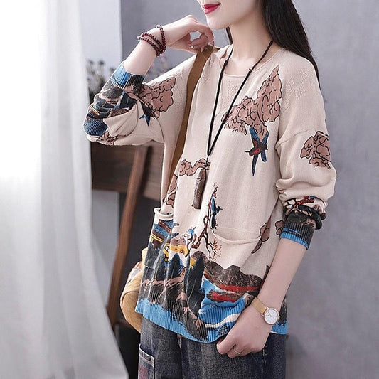 Vintage  Literary Print Long-sleeved Sweater Women Fall/winter Oversized Knit Sweater Outwear  Pullover Jumper Top with Pocket
