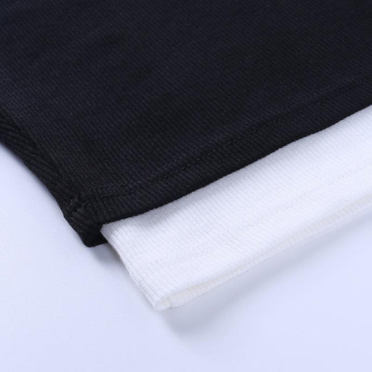 Retro Stitching Sexy Long-sleeved T-shirt Fake Two-piece Off-the-shoulder Top Women's Slim Short Long-sleeved T-shirt Bottoming Shirt