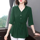 Short-sleeved Chiffon Shirt Women's Mid-sleeve Summer Loose Belly Cover Waist Top Solid Color V-neck Large Size Mid-length Thin Blouses Drawstring Top