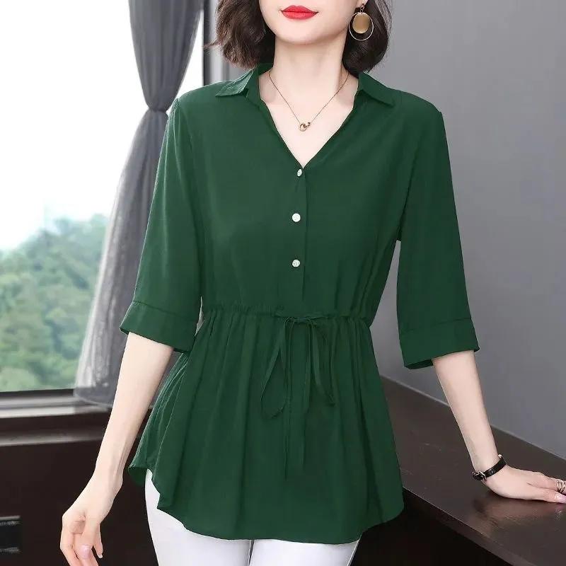Short-sleeved Chiffon Shirt Women's Mid-sleeve Summer Loose Belly Cover Waist Top Solid Color V-neck Large Size Mid-length Thin Blouses Drawstring Top