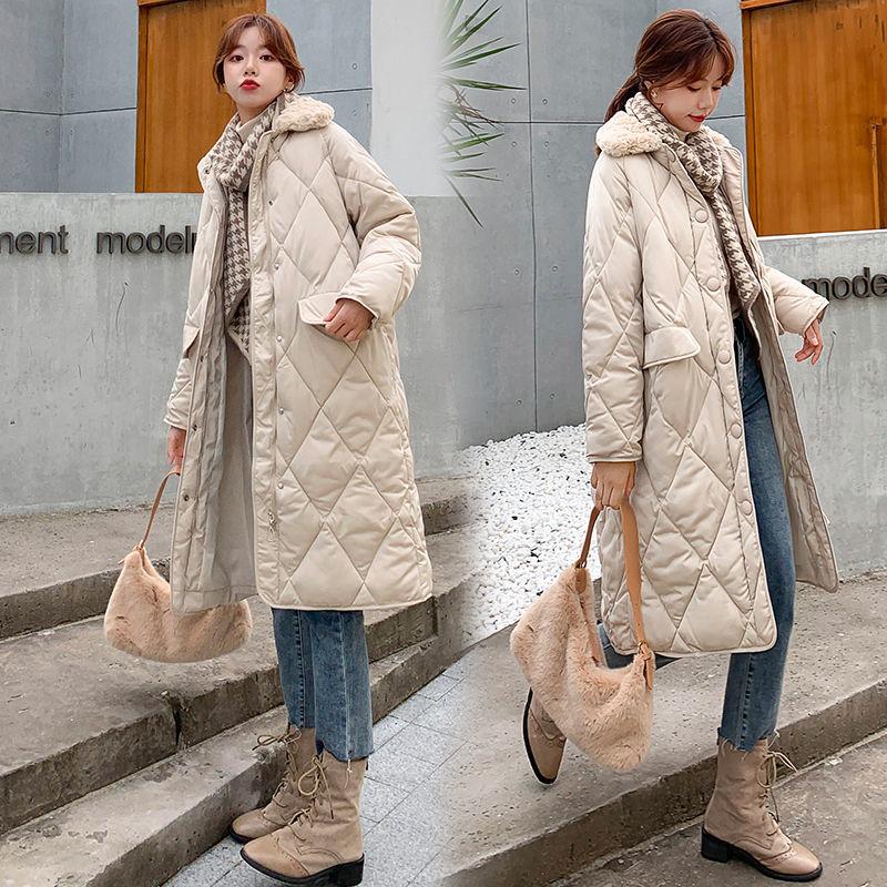 Lingge Lamb Fur Collar Cotton Jacket Women Winter Loose Mid-length Large Size Cotton Jacket Jacket Winter Thick Warmth Without Hood Cotton Jacket