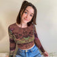 Y2K Long Sleeve T-shirt Women Vintage Knitted Crop Top Woman Tie Dye Print T Shirt Female Casual Clothes