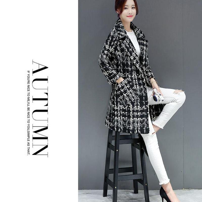 Vintage  Houndstooth Coat Ladies Plaid Imitation  Woolen Coat Long Slim and Thick Trench Coat Plus Size Tweed Jacket