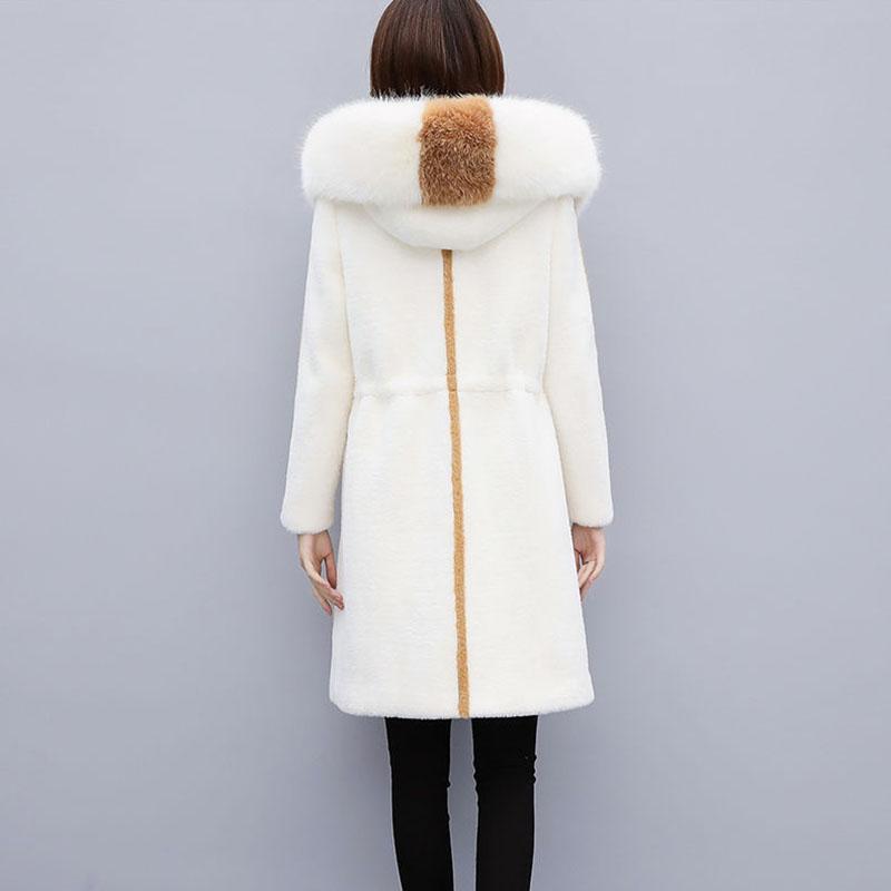 Winter Faux Woolen Coat Women's Long Thick Warm Hooded Coat Slim Plus Size Overcoat with Faux Mink Fur Collar